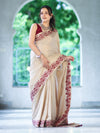 Banarasee Handwoven Semi-Tussar Saree With Contrast Geometric Border-Beige & Burgundy