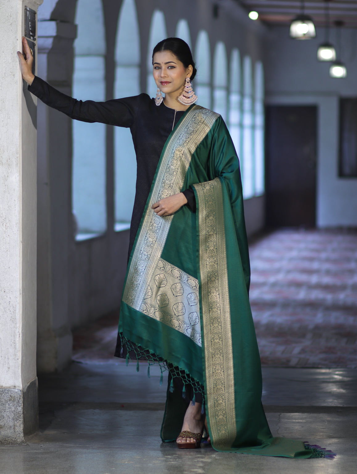 Banarasee Katan Silk Dupatta With Gold Zari Woven Border-Deep Green