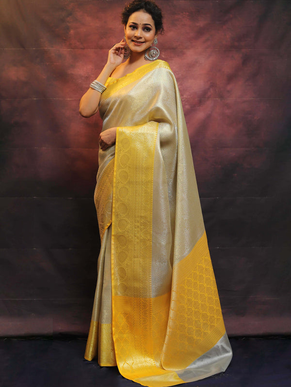 Banarasee Handwoven Broad Contrast Border Tissue Saree-White & Yellow