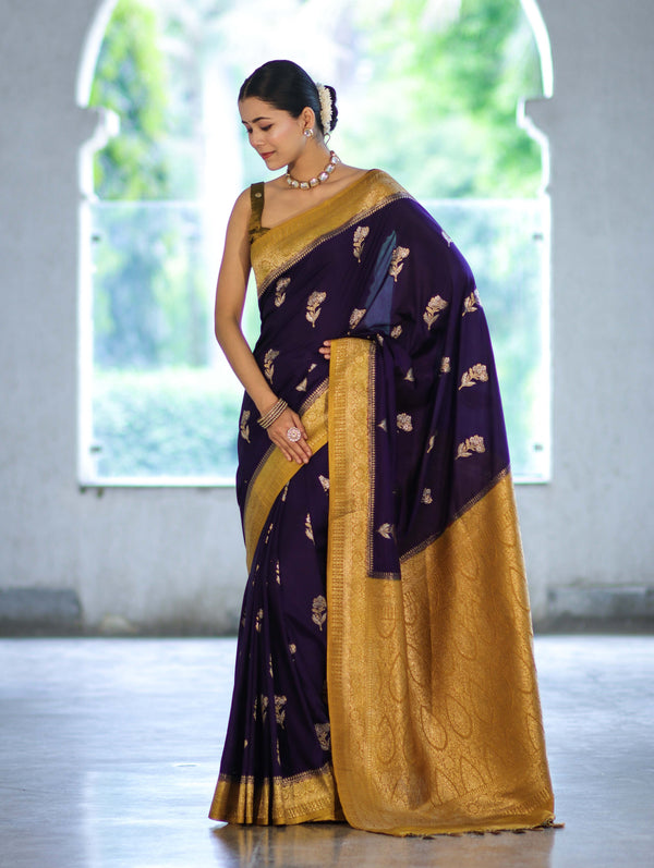 Banarasee Handloom Semi Silk Saree With Sona Rupa Zari Buti Design & Contrast Border-Violet & Mustard Yellow