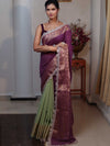 Banarasee Dual Color Pure Linen Saree With Zari Border & Lace-Purple & Light Green