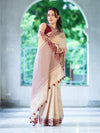 Banarasee Handwoven Semi-Tussar Saree With Contrast Geometric Border-Beige & Burgundy