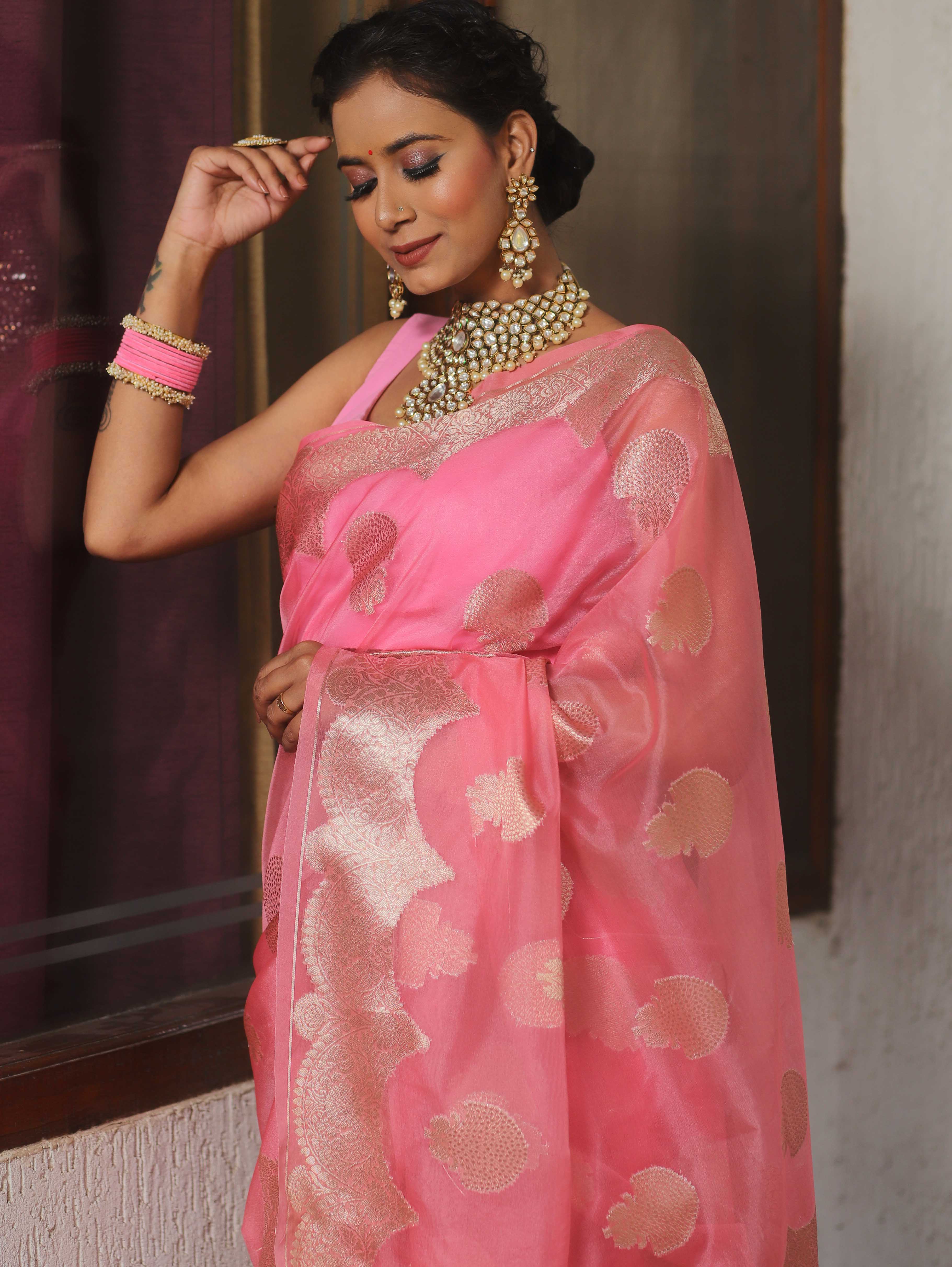 Banarasee Organza Mix Saree With Zari Buta & Scallop Border Design-Baby Pink