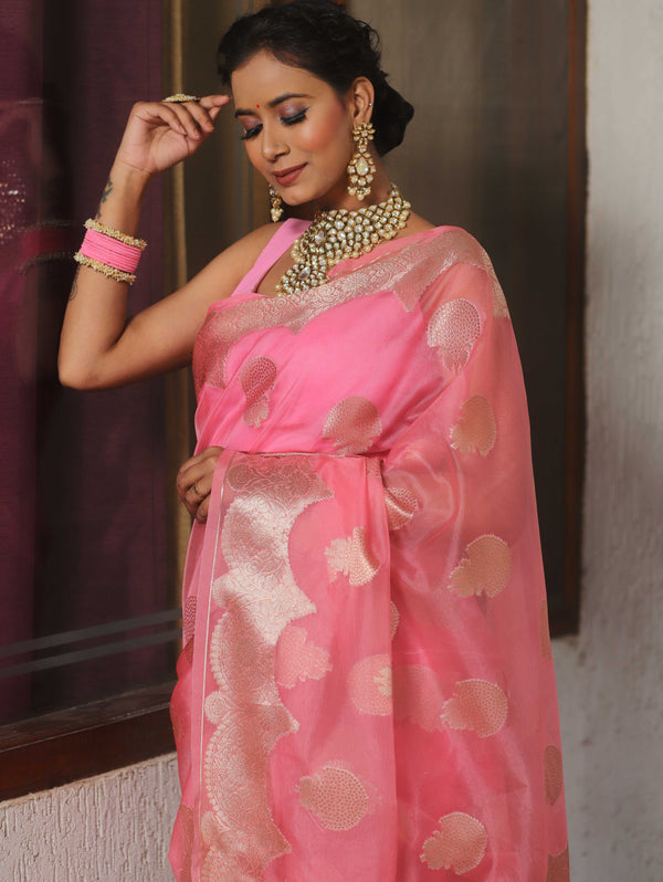 Banarasee Organza Mix Saree With Zari Buta & Scallop Border Design-Baby Pink