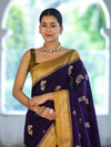 Banarasee Handloom Semi Silk Saree With Sona Rupa Zari Buti Design & Contrast Border-Violet & Mustard Yellow