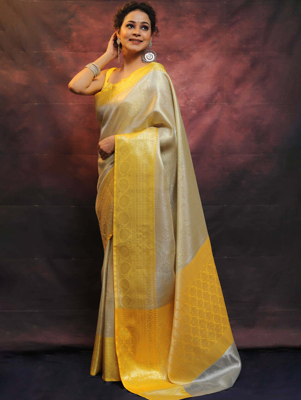 Banarasee Handwoven Broad Contrast Border Tissue Saree-White & Yellow