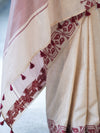 Banarasee Handwoven Semi-Tussar Saree With Contrast Geometric Border-Beige & Burgundy