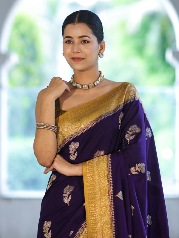 Banarasee Handloom Semi Silk Saree With Sona Rupa Zari Buti Design & Contrast Border-Violet & Mustard Yellow
