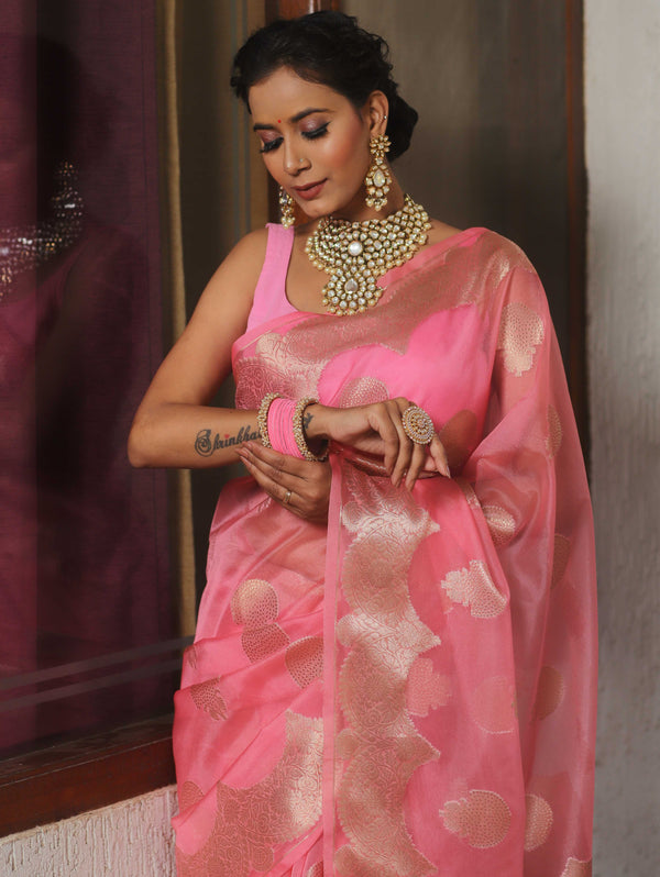 Banarasee Organza Mix Saree With Zari Buta & Scallop Border Design-Baby Pink