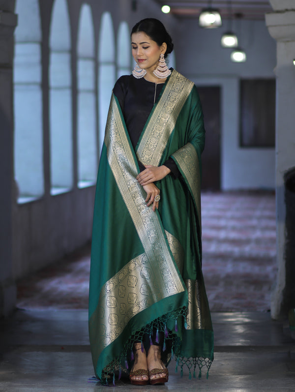 Banarasee Katan Silk Dupatta With Gold Zari Woven Border-Deep Green
