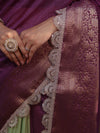 Banarasee Dual Color Pure Linen Saree With Zari Border & Lace-Purple & Light Green