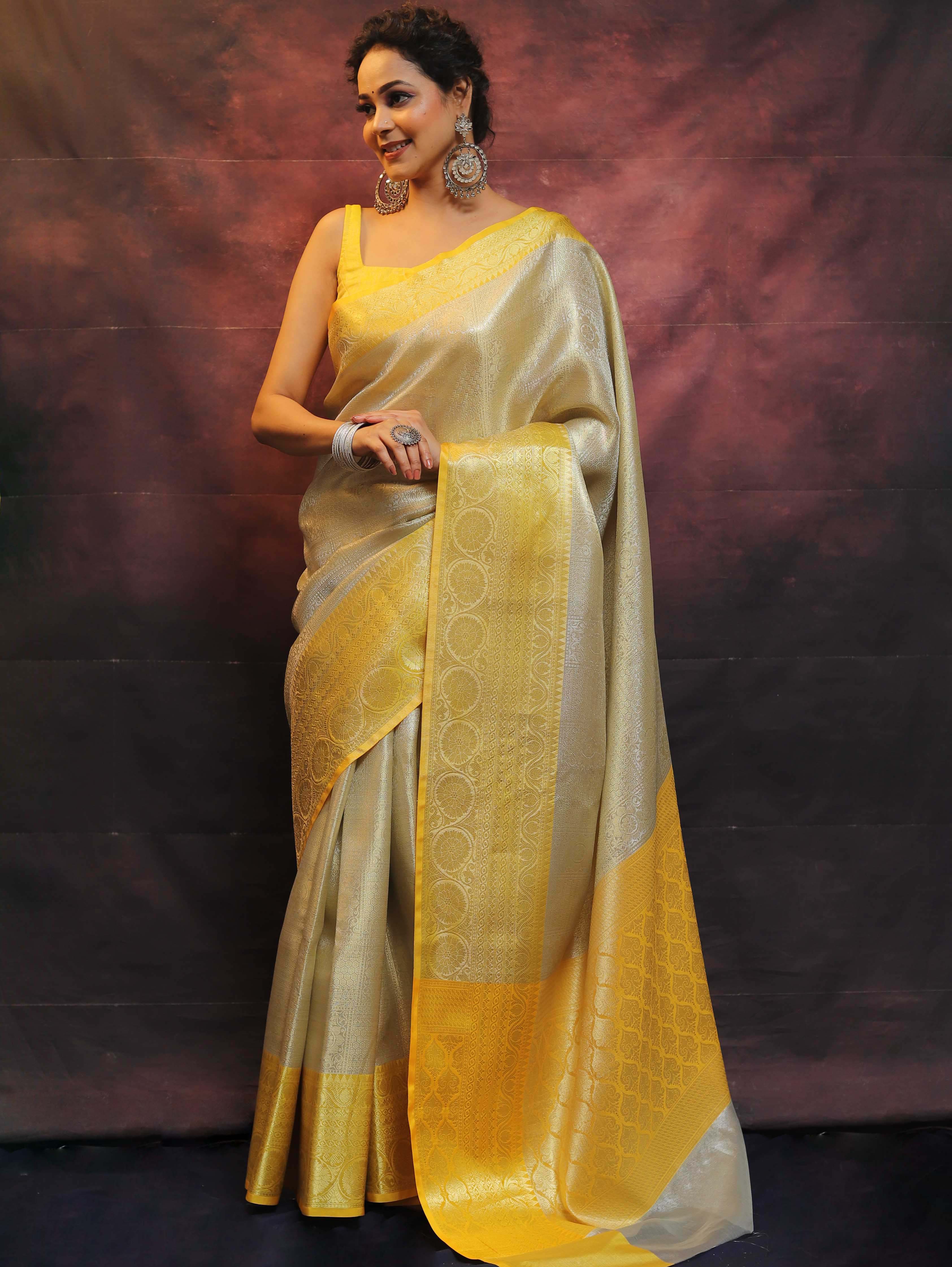 Banarasee Handwoven Broad Contrast Border Tissue Saree-White & Yellow