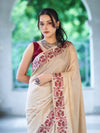 Banarasee Handwoven Semi-Tussar Saree With Contrast Geometric Border-Beige & Burgundy