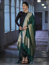 Banarasee Katan Silk Dupatta With Gold Zari Woven Border-Deep Green