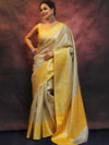 Banarasee Handwoven Broad Contrast Border Tissue Saree-White & Yellow