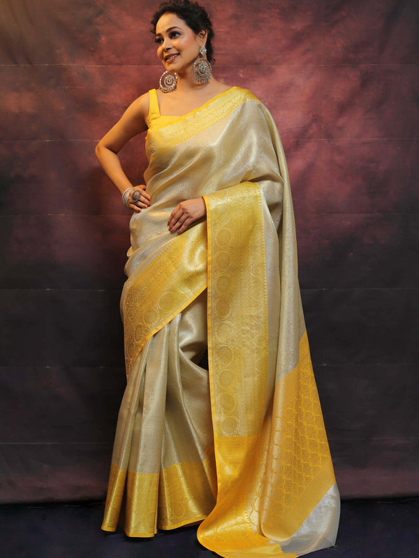 Banarasee Handwoven Broad Contrast Border Tissue Saree-White & Yellow
