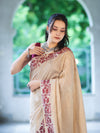 Banarasee Handwoven Semi-Tussar Saree With Contrast Geometric Border-Beige & Burgundy