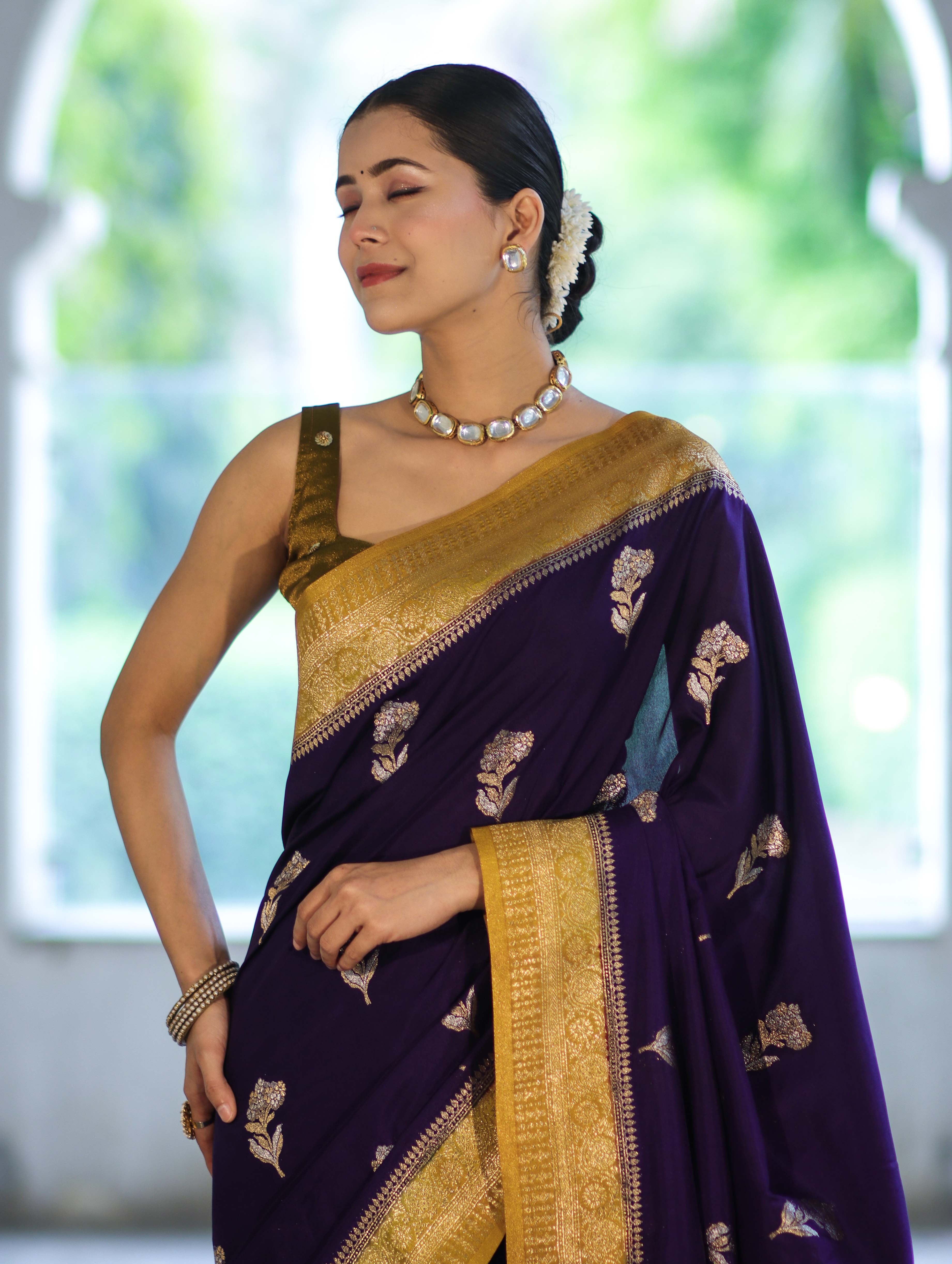 Banarasee Handloom Semi Silk Saree With Sona Rupa Zari Buti Design & Contrast Border-Violet & Mustard Yellow