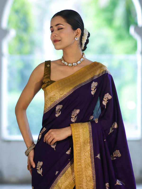 Banarasee Handloom Semi Silk Saree With Sona Rupa Zari Buti Design & Contrast Border-Violet & Mustard Yellow