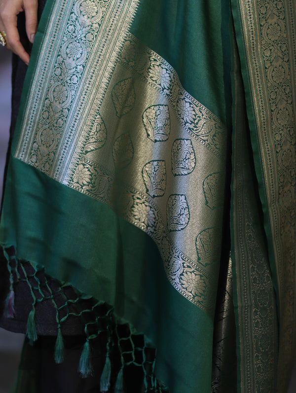 Banarasee Katan Silk Dupatta With Gold Zari Woven Border-Deep Green