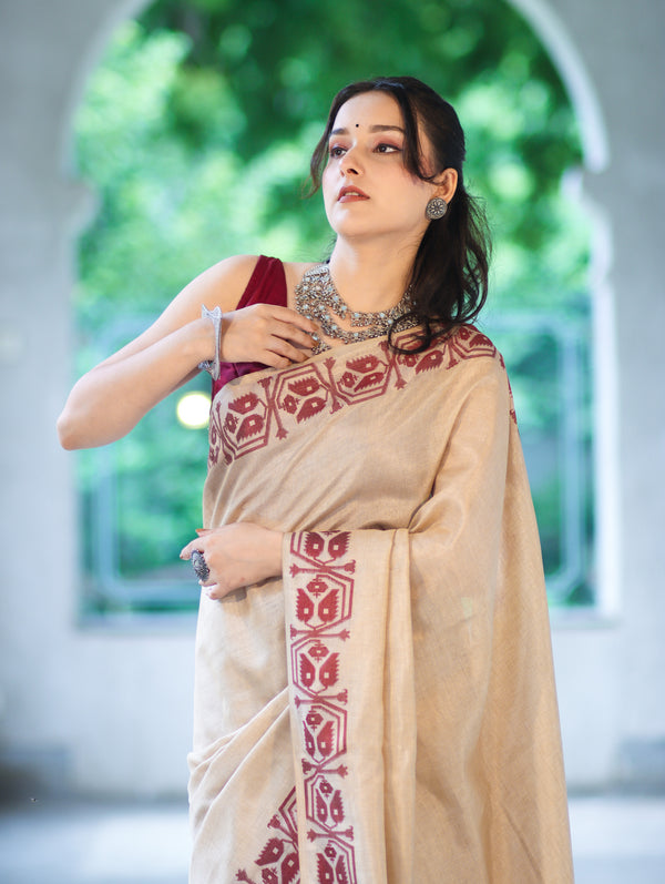 Banarasee Handwoven Semi-Tussar Saree With Contrast Geometric Border-Beige & Burgundy