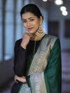 Banarasee Katan Silk Dupatta With Gold Zari Woven Border-Deep Green