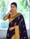 Banarasee Handloom Semi Silk Saree With Sona Rupa Zari Buti Design & Contrast Border-Violet & Mustard Yellow