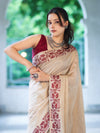 Banarasee Handwoven Semi-Tussar Saree With Contrast Geometric Border-Beige & Burgundy