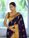 Banarasee Handloom Semi Silk Saree With Sona Rupa Zari Buti Design & Contrast Border-Violet & Mustard Yellow