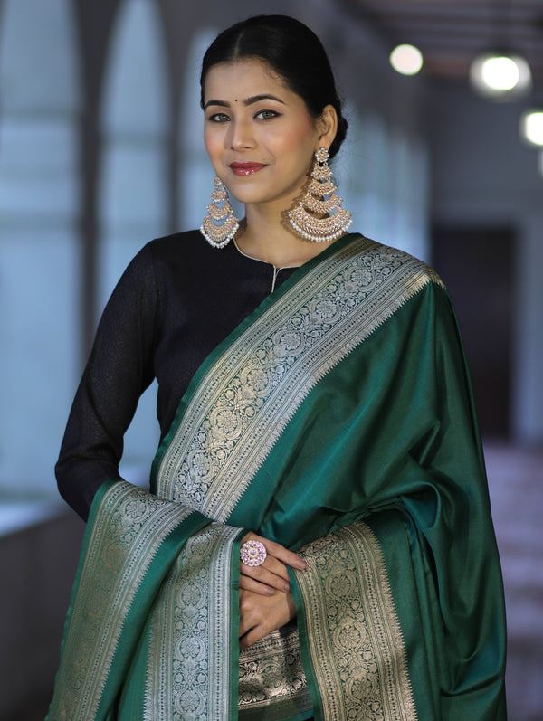 Banarasee Katan Silk Dupatta With Gold Zari Woven Border-Deep Green