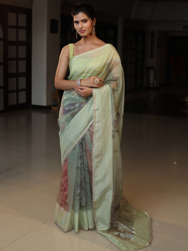 Banarasee Digital Printed Tissue Saree With Lace-Light Green
