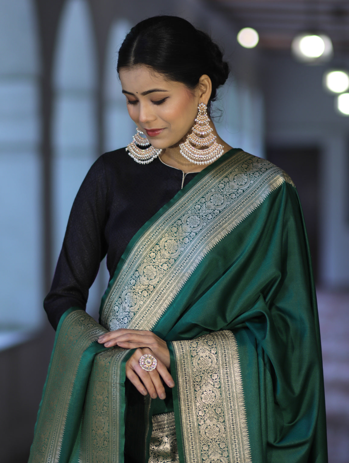 Banarasee Katan Silk Dupatta With Gold Zari Woven Border-Deep Green