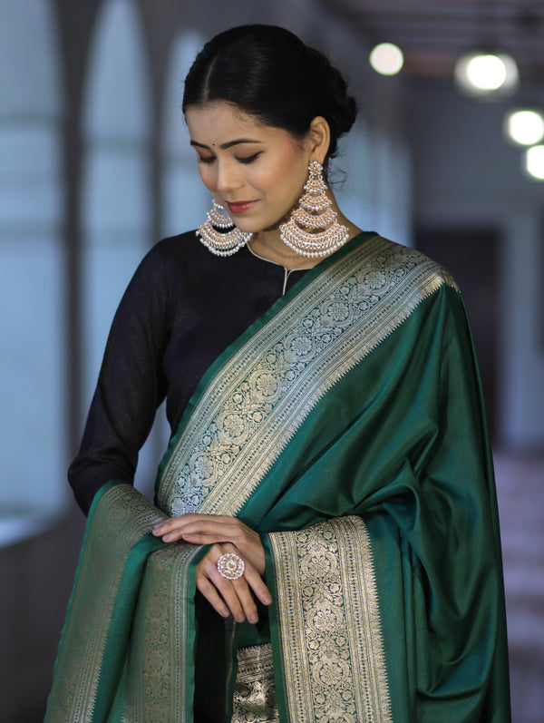 Banarasee Katan Silk Dupatta With Gold Zari Woven Border-Deep Green