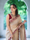 Banarasee Handwoven Semi-Tussar Saree With Contrast Geometric Border-Beige & Burgundy