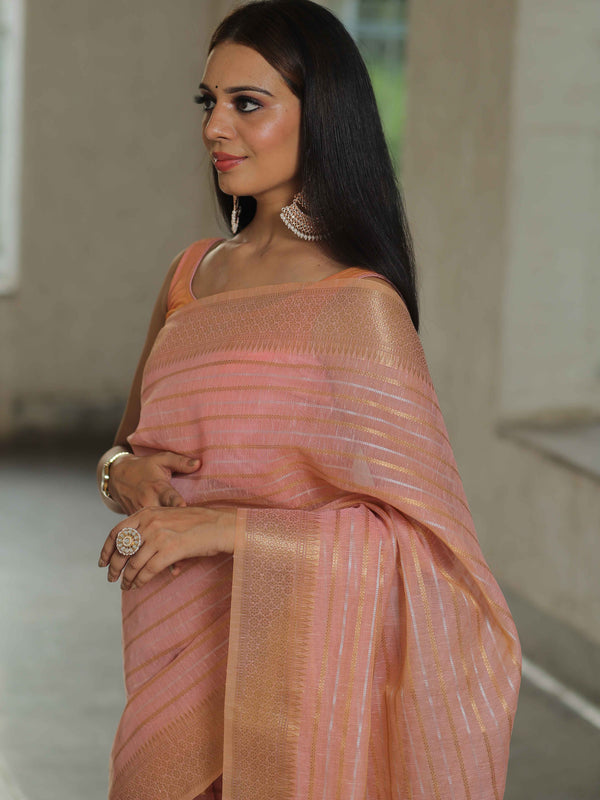 Banarasee Linen Tissue Sona Rupa Stripes Zari Work Saree-Pink