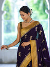 Banarasee Handloom Semi Silk Saree With Sona Rupa Zari Buti Design & Contrast Border-Violet & Mustard Yellow