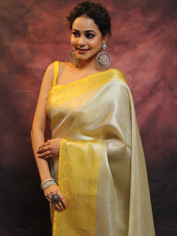 Banarasee Handwoven Broad Contrast Border Tissue Saree-White & Yellow