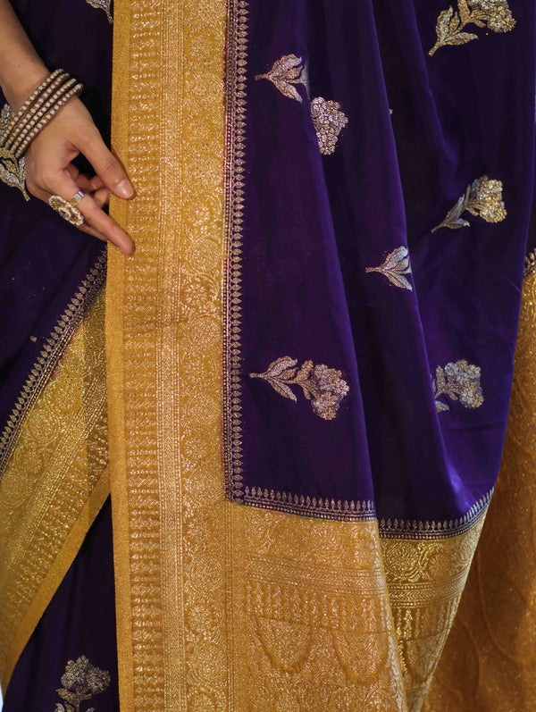 Banarasee Handloom Semi Silk Saree With Sona Rupa Zari Buti Design & Contrast Border-Violet & Mustard Yellow