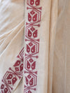 Banarasee Handwoven Semi-Tussar Saree With Contrast Geometric Border-Beige & Burgundy