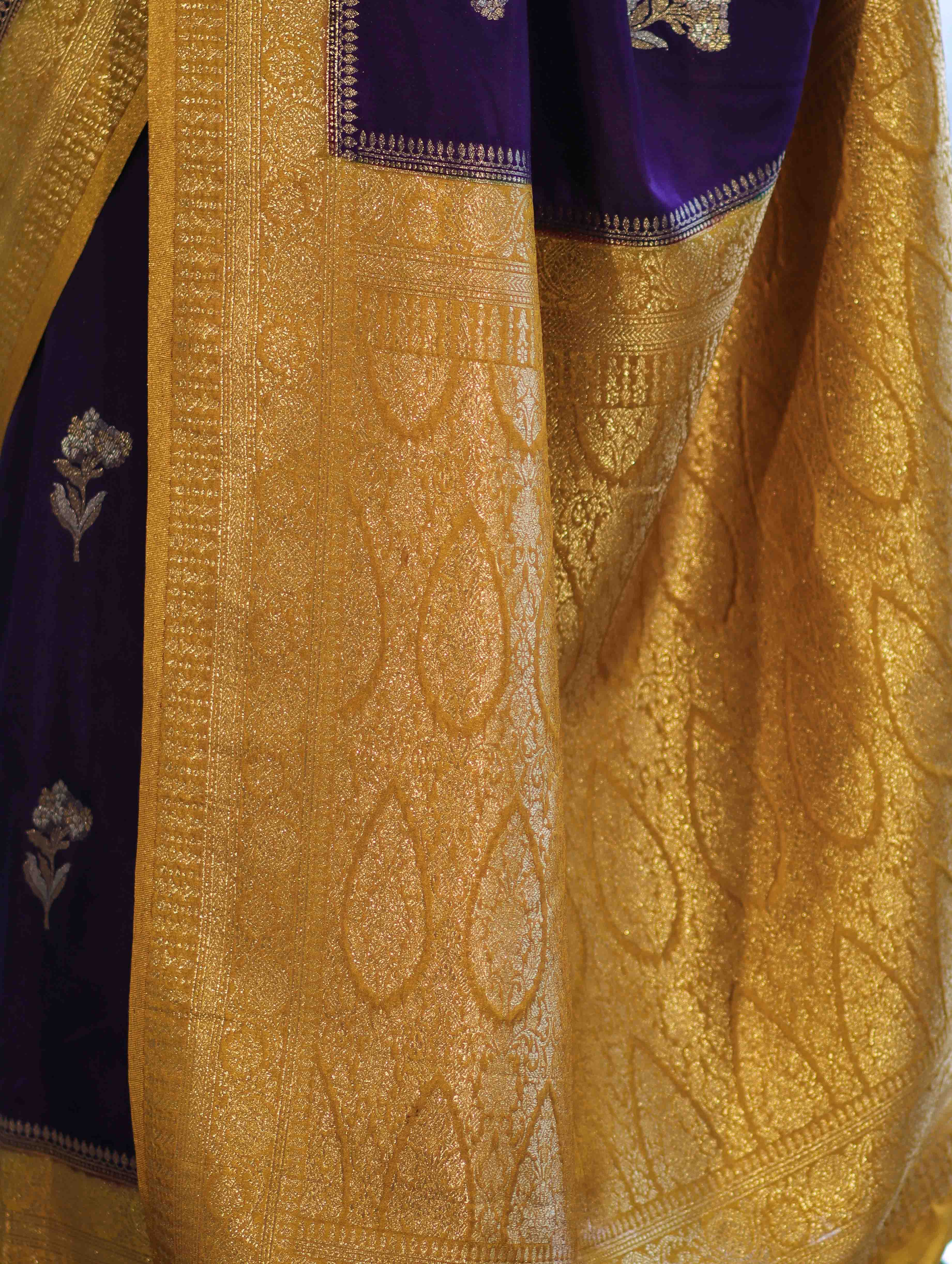 Banarasee Handloom Semi Silk Saree With Sona Rupa Zari Buti Design & Contrast Border-Violet & Mustard Yellow