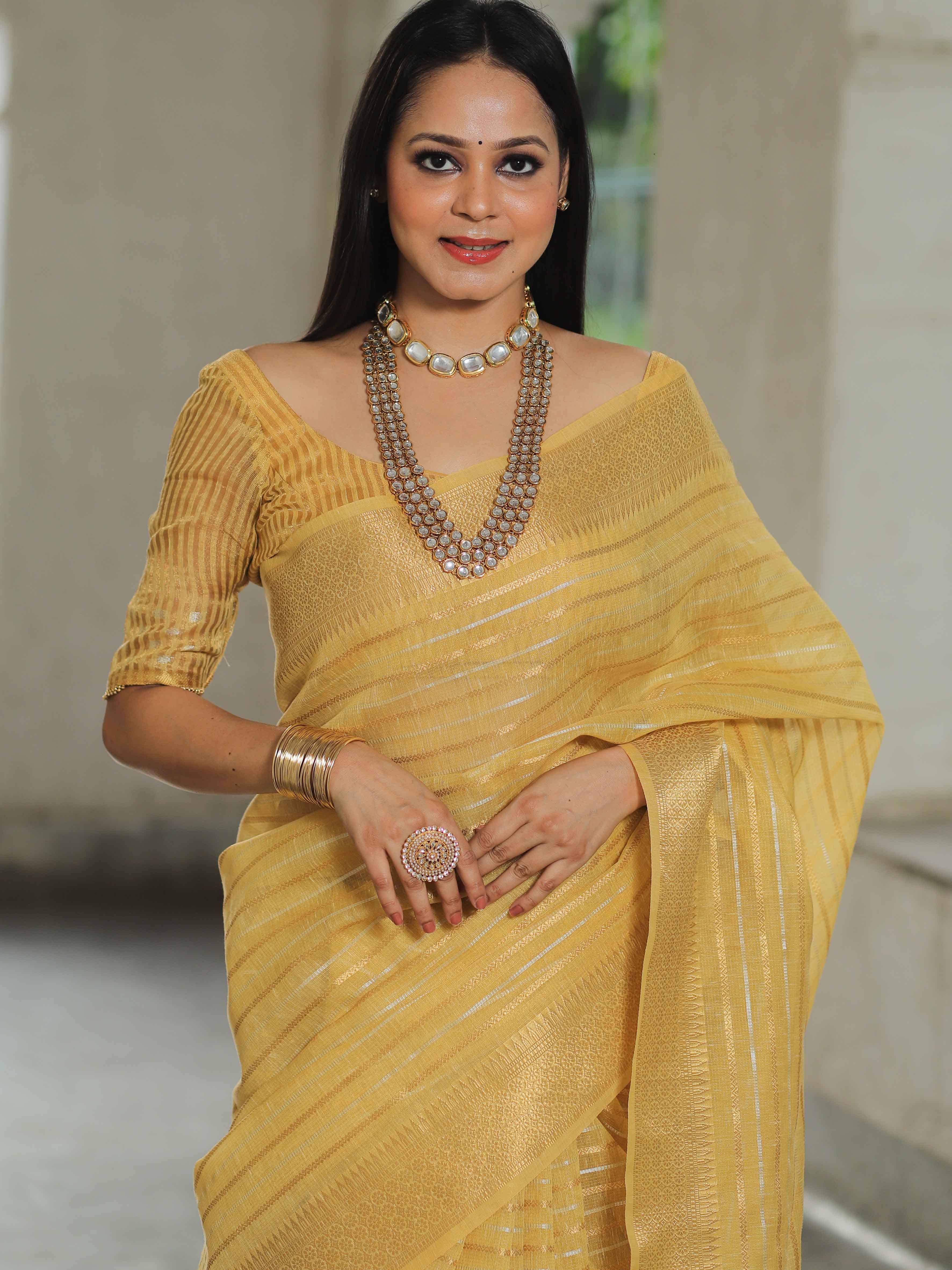 Banarasee Linen Tissue Sona Rupa Stripes Zari Work Saree-Yellow