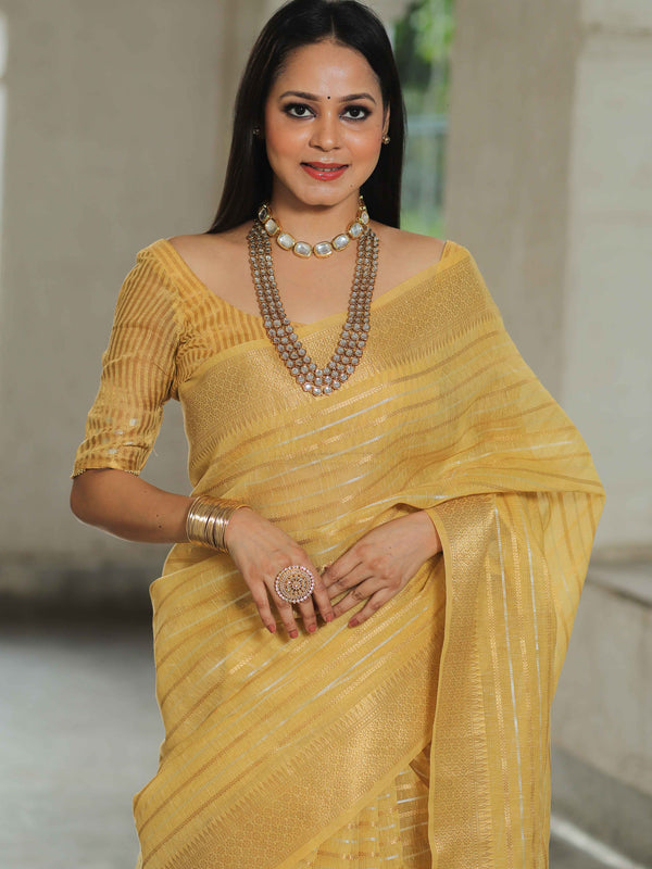 Banarasee Linen Tissue Sona Rupa Stripes Zari Work Saree-Yellow