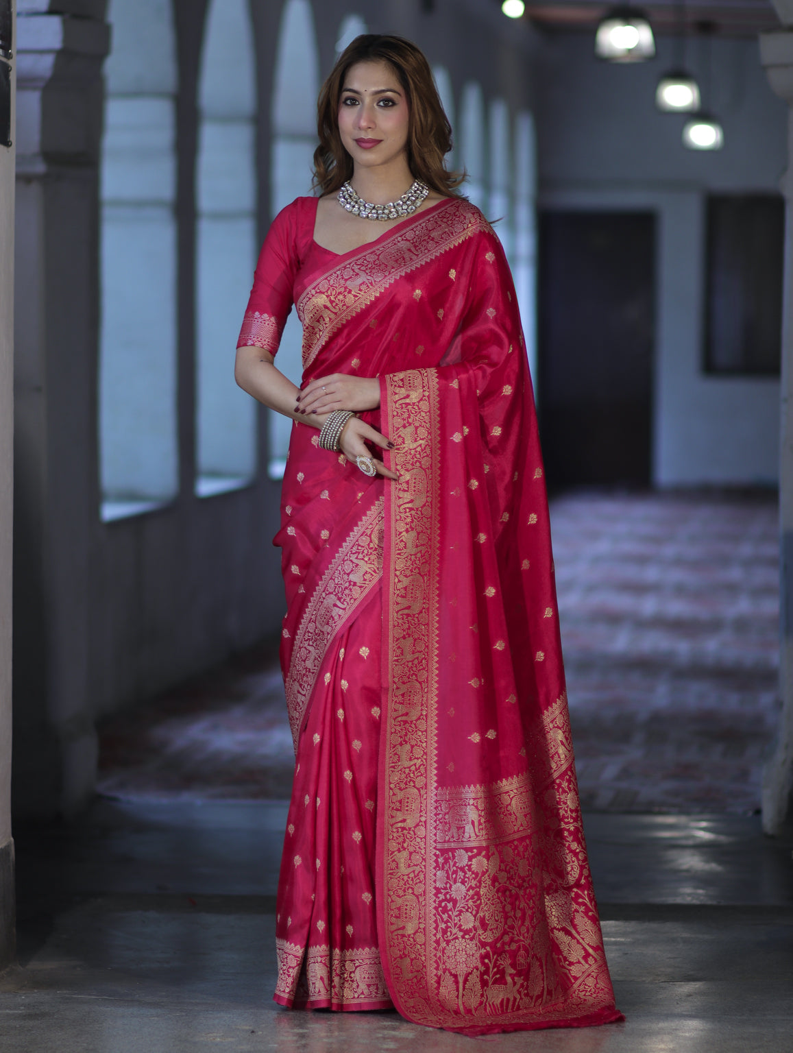 Banarasee Handloom Semi Silk Saree With Zari Buti Design & Zari Border-Magenta