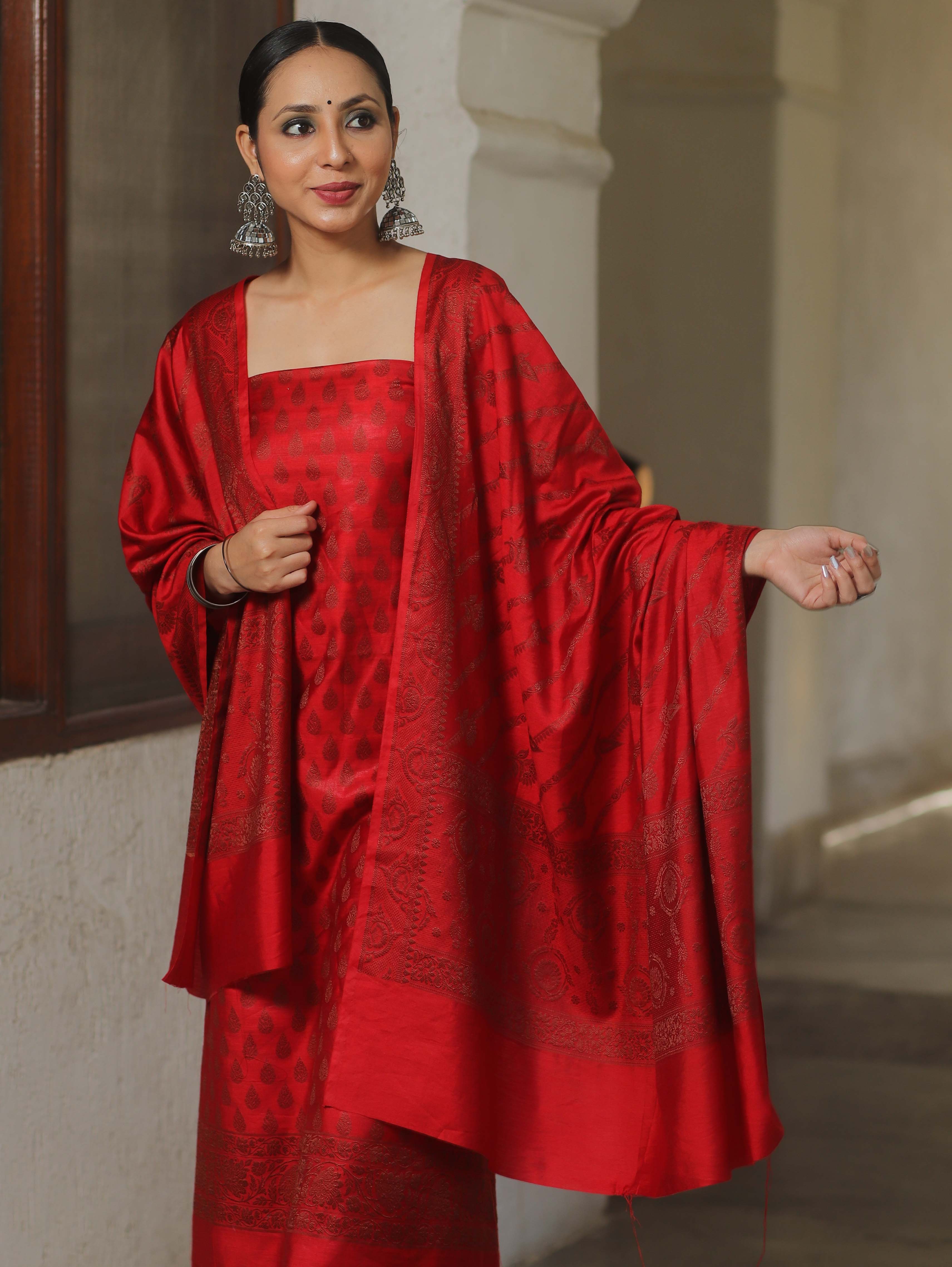 Banarasee Semi Katan Silk Salwar Kameez Fabric With Dupatta Resham Zari Work-Red