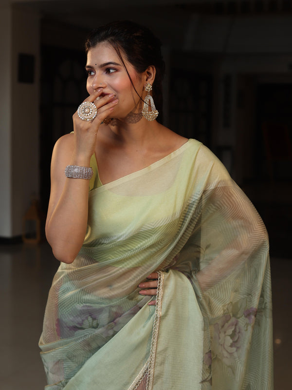 Banarasee Digital Printed Tissue Saree With Lace-Light Green