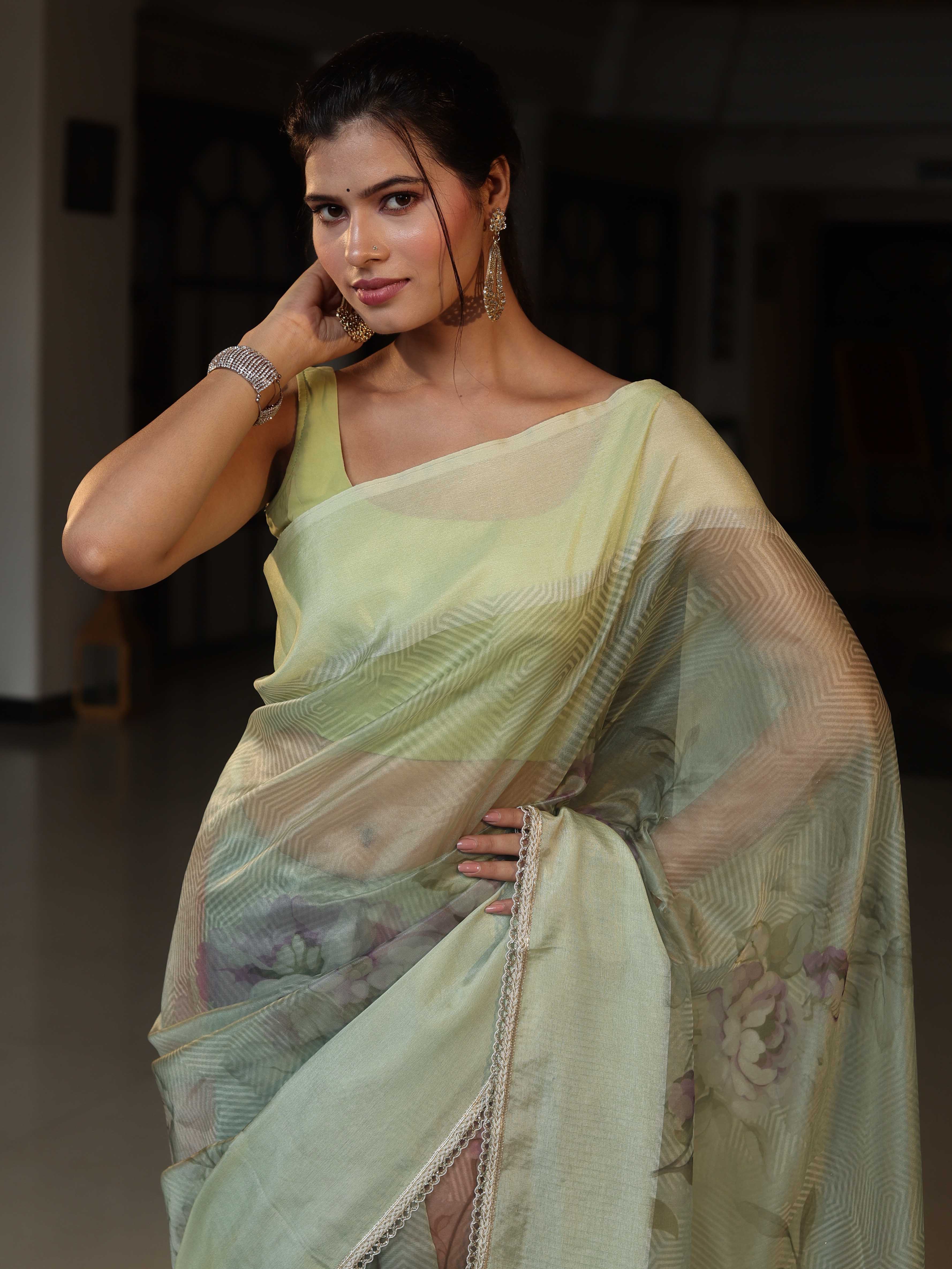 Banarasee Digital Printed Tissue Saree With Lace-Light Green