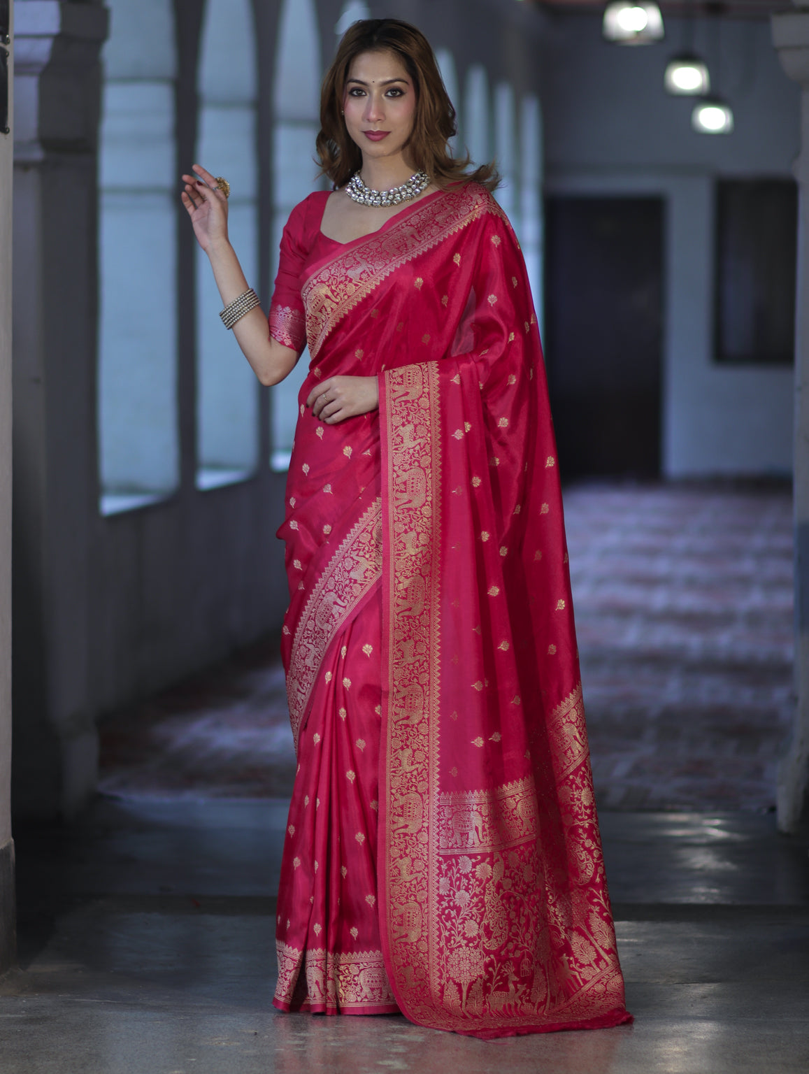Banarasee Handloom Semi Silk Saree With Zari Buti Design & Zari Border-Magenta
