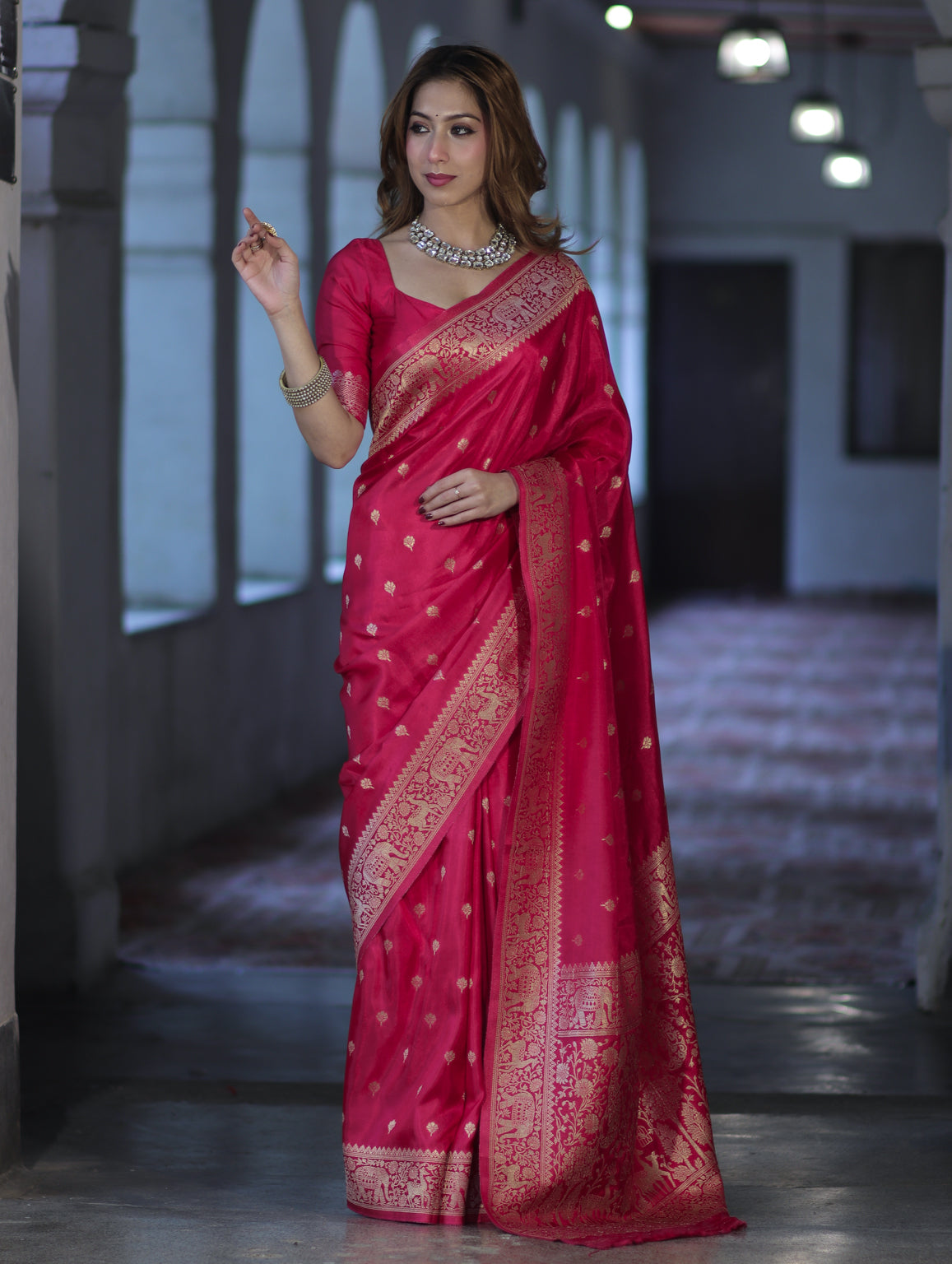 Banarasee Handloom Semi Silk Saree With Zari Buti Design & Zari Border-Magenta