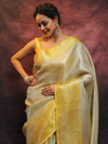 Banarasee Handwoven Broad Contrast Border Tissue Saree-White & Yellow