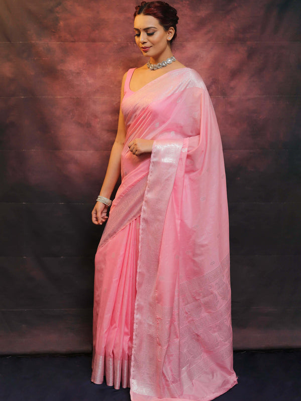 Banarasee Handwoven Semi-Chiffon Saree With Silver Zari Buta & Border-Baby Pink